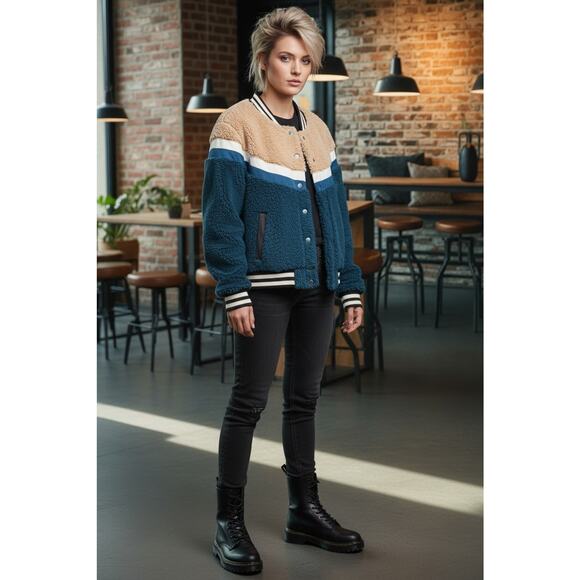 Celebrity Pink Jacket Faux Fur Varsity Bomber Teddy Coat Green Beige Women Sz L - Picture 5 of 16